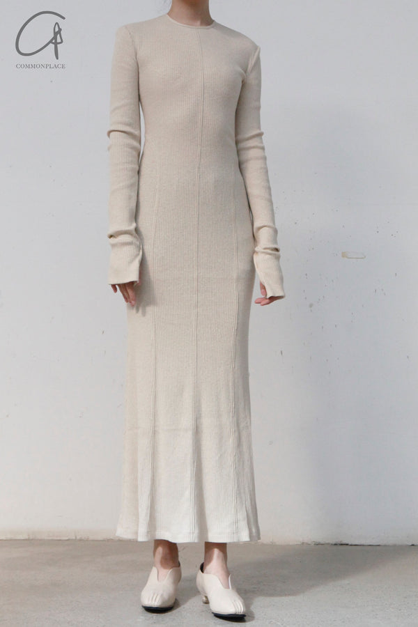 mame kurogouchi crew neck open back rib knit dress MM22SS JS026 beige